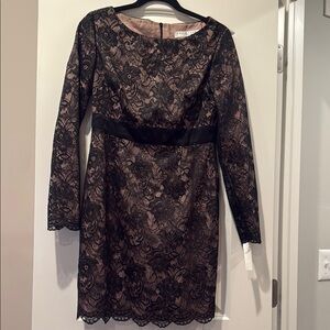 Trina Turk Black and Tan Sheath Dress Long Sleeve Scoop Neck